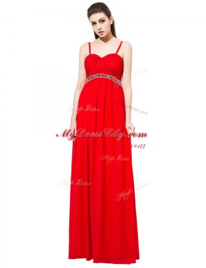 Spaghetti Straps Sleeveless Prom Party Dress Floor Length Beading Red Chiffon
