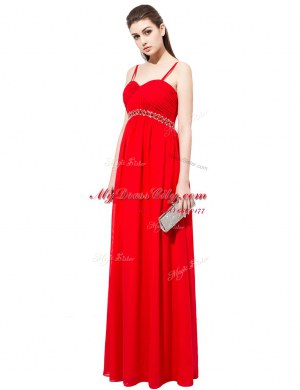 Spaghetti Straps Sleeveless Prom Party Dress Floor Length Beading Red Chiffon