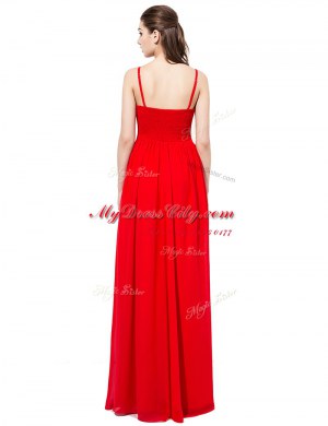 Spaghetti Straps Sleeveless Prom Party Dress Floor Length Beading Red Chiffon