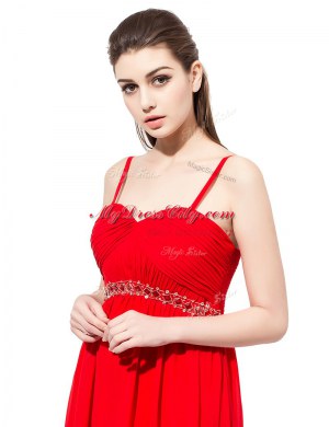 Spaghetti Straps Sleeveless Prom Party Dress Floor Length Beading Red Chiffon