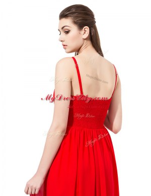 Spaghetti Straps Sleeveless Prom Party Dress Floor Length Beading Red Chiffon