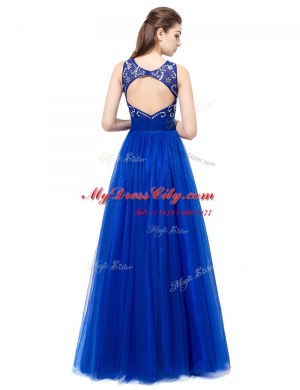 Popular Scoop Sleeveless Floor Length Beading Backless Prom Evening Gown with Royal Blue