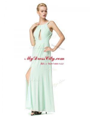 Scoop Turquoise Backless Prom Dress Ruching Sleeveless Floor Length