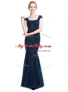 Custom Design Mermaid Navy Blue Cap Sleeves Floor Length Beading Zipper Evening Dress