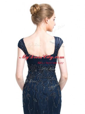 Custom Design Mermaid Navy Blue Cap Sleeves Floor Length Beading Zipper Evening Dress