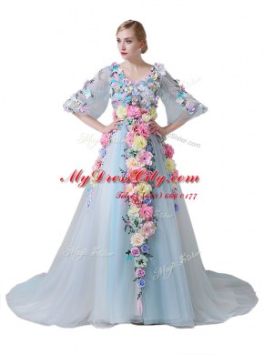 Captivating Light Blue Half Sleeves Court Train Hand Made Flower With Train High School Pageant Dress