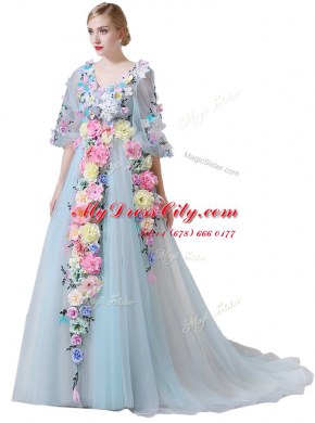 Captivating Light Blue Half Sleeves Court Train Hand Made Flower With Train High School Pageant Dress