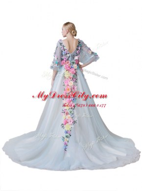 Captivating Light Blue Half Sleeves Court Train Hand Made Flower With Train High School Pageant Dress