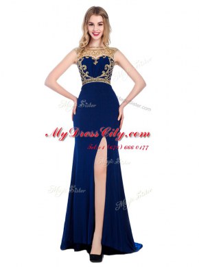 Navy Blue High-neck Neckline Beading and Appliques Dress for Prom Sleeveless Zipper