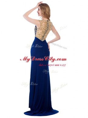 Navy Blue High-neck Neckline Beading and Appliques Dress for Prom Sleeveless Zipper