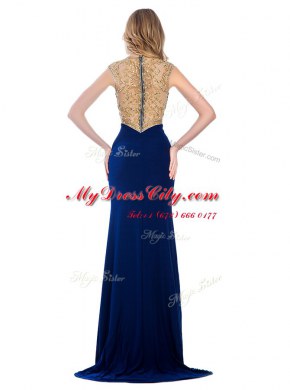 Navy Blue High-neck Neckline Beading and Appliques Dress for Prom Sleeveless Zipper