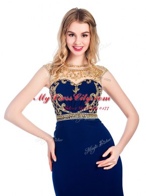 Navy Blue High-neck Neckline Beading and Appliques Dress for Prom Sleeveless Zipper
