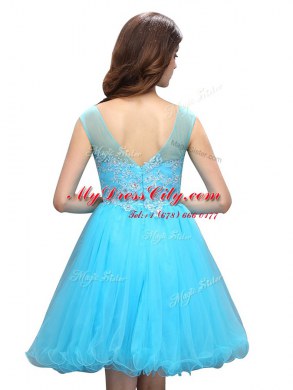 Baby Blue Prom Party Dress Prom and Party and For with Beading and Appliques Bateau Sleeveless Zipper