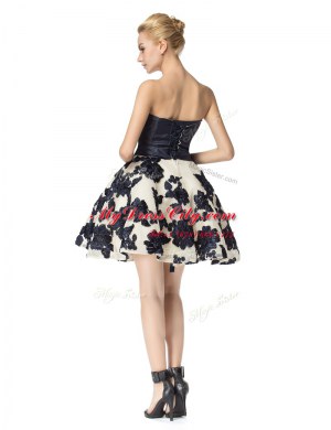 Trendy Black Satin Lace Up Strapless Sleeveless Mini Length Prom Dresses Embroidery