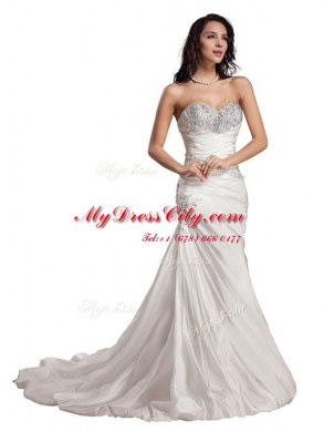 Spectacular White Taffeta Lace Up Sweetheart Sleeveless With Train Formal Dresses Sweep Train Beading