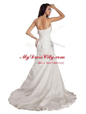 Spectacular White Taffeta Lace Up Sweetheart Sleeveless With Train Formal Dresses Sweep Train Beading