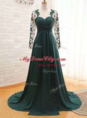 Super With Train Teal Dress for Prom Satin Long Sleeves Lace