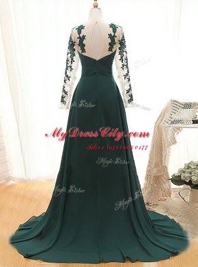 Super With Train Teal Dress for Prom Satin Long Sleeves Lace