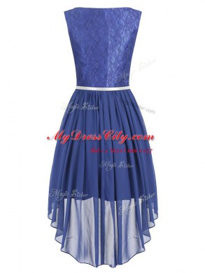 Fantastic Column/Sheath Prom Party Dress Blue Scoop Chiffon Sleeveless High Low Side Zipper