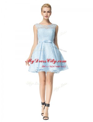 Amazing A-line Dress for Prom Light Blue Scoop Lace Sleeveless Mini Length Zipper