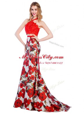 Perfect Multi-color Mermaid Printed Halter Top Sleeveless Lace and Pattern With Train Zipper Prom Gown Brush Train