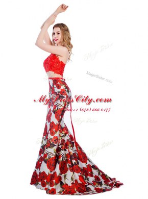 Perfect Multi-color Mermaid Printed Halter Top Sleeveless Lace and Pattern With Train Zipper Prom Gown Brush Train