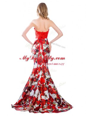 Perfect Multi-color Mermaid Printed Halter Top Sleeveless Lace and Pattern With Train Zipper Prom Gown Brush Train