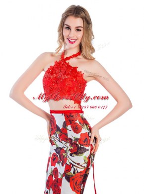 Perfect Multi-color Mermaid Printed Halter Top Sleeveless Lace and Pattern With Train Zipper Prom Gown Brush Train