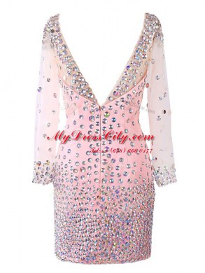 Custom Designed Pink Zipper Scoop Beading Prom Party Dress Satin Long Sleeves
