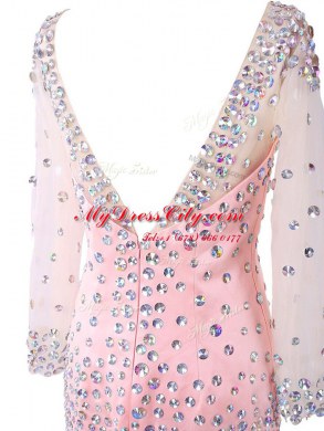 Custom Designed Pink Zipper Scoop Beading Prom Party Dress Satin Long Sleeves