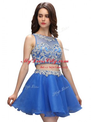 Adorable Scoop Sleeveless Zipper Prom Dress Blue Organza