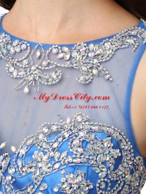 Adorable Scoop Sleeveless Zipper Prom Dress Blue Organza