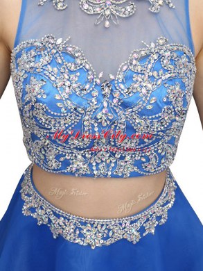 Adorable Scoop Sleeveless Zipper Prom Dress Blue Organza