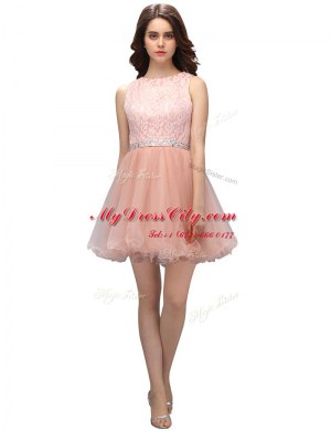 New Style Scoop Sleeveless Zipper Prom Gown Pink Organza
