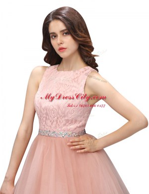 New Style Scoop Sleeveless Zipper Prom Gown Pink Organza