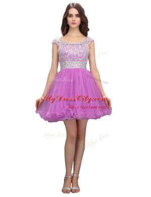 Lilac Organza Zipper Homecoming Dress Cap Sleeves Mini Length Beading