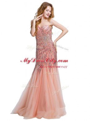 Mermaid One Shoulder Floor Length Peach Dress for Prom Tulle Sleeveless Beading