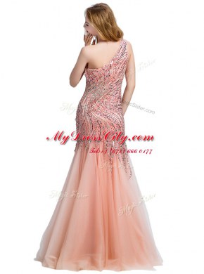 Mermaid One Shoulder Floor Length Peach Dress for Prom Tulle Sleeveless Beading