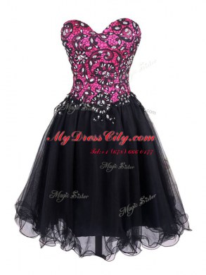Sleeveless Tulle Mini Length Zipper Prom Gown in Pink And Black with Beading and Lace