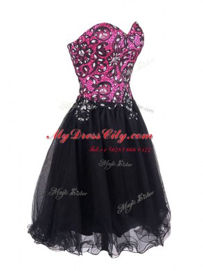 Sleeveless Tulle Mini Length Zipper Prom Gown in Pink And Black with Beading and Lace