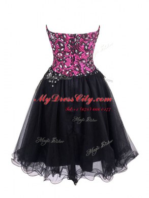 Sleeveless Tulle Mini Length Zipper Prom Gown in Pink And Black with Beading and Lace