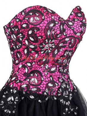 Sleeveless Tulle Mini Length Zipper Prom Gown in Pink And Black with Beading and Lace
