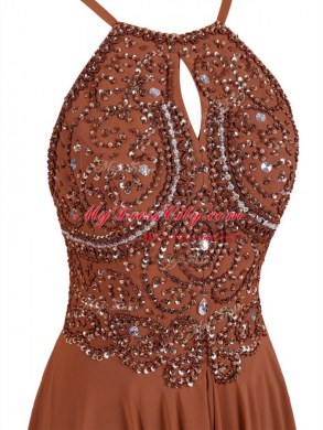 Elegant Halter Top Sleeveless Zipper Dress for Prom Brown Organza