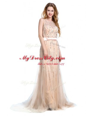 Fancy Scoop Tulle Sleeveless With Train Evening Dress Brush Train and Beading