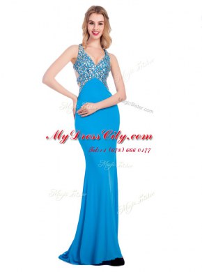 Baby Blue Clasp Handle V-neck Beading Silk Like Satin Sleeveless