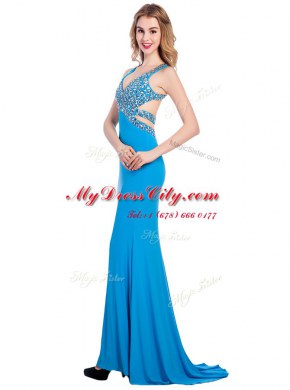 Baby Blue Clasp Handle V-neck Beading Silk Like Satin Sleeveless