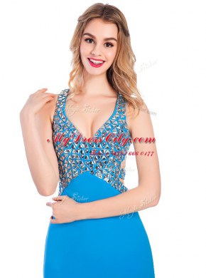 Baby Blue Clasp Handle V-neck Beading Silk Like Satin Sleeveless