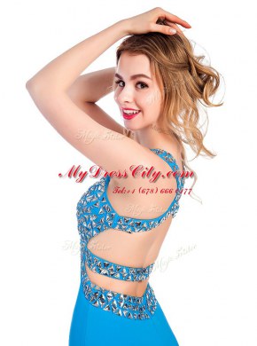 Baby Blue Clasp Handle V-neck Beading Silk Like Satin Sleeveless
