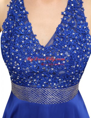 Royal Blue Sleeveless Mini Length Beading and Belt Criss Cross Prom Party Dress
