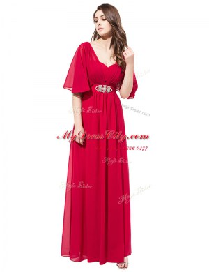 Perfect Beading Prom Evening Gown Coral Red Zipper Half Sleeves Floor Length